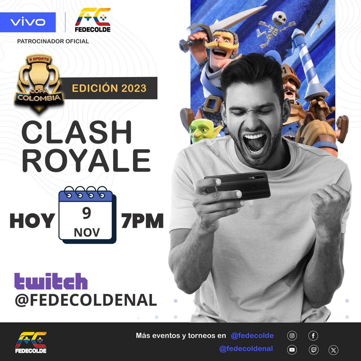 Copa Colombia Fedecolde (@copacolombiagg) on Twitter photo FINAL!! FINAL!! Es hora de vivir las emociones de la Copa Colombia con CLASH ROYALE!
Prepárate para una jornada llena de mazos pro y épicos duelos. Con nuestro caster JUEGA y bajo la producción de Kamus. En twitch.tv/fedecoldenal #todossomosfedecolde #2g23 #vivogaming FINAL!! FINAL!! Es hora de vivir las emociones de la Copa Colombia con CLASH ROYALE!
Prepárate para una jornada llena de mazos pro y épicos duelos. Con nuestro caster JUEGA y bajo la producción de Kamus. En twitch.tv/fedecoldenal #todossomosfedecolde #2g23 #vivogaming