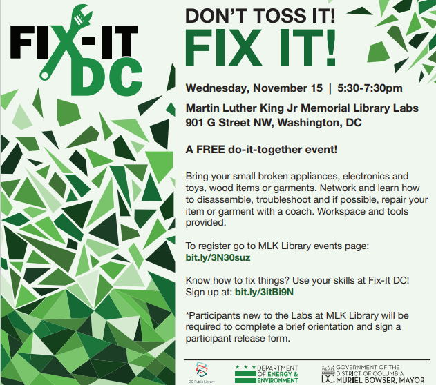 DOEE_DC's tweet photo. 🔧🔨Fix-It DC Free Community Repair Event
Wednesday, November 15 
5:30pm-7:30pm
MLK Jr. Memorial Library
901 G St NW

✅Registration Required: https://t.co/laVD4PAICH https://t.co/MjFPVv6Yv0