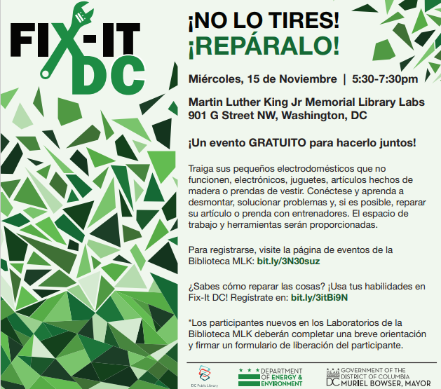 DOEE_DC's tweet photo. 🔧🔨Fix-It DC Free Community Repair Event
Wednesday, November 15 
5:30pm-7:30pm
MLK Jr. Memorial Library
901 G St NW

✅Registration Required: https://t.co/laVD4PAICH https://t.co/MjFPVv6Yv0