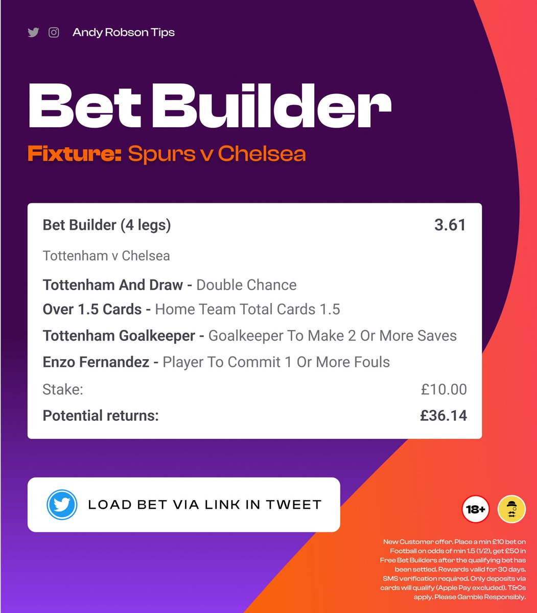 AndyRobsonTips's tweet photo. 🏆 Spurs v Chelsea Bet Builder

Load bet: https://t.co/JfoIeDNtT9

🎁 Claim £50 in Free Bets when you join Paddy Power &amp; bet £10.

Claim offer: https://t.co/0fUJikswNa

✅ £50 in Free Bets + winnings in cash.

18+, T&amp;Cs Apply. Ad. https://t.co/a5OCUZ5v2s