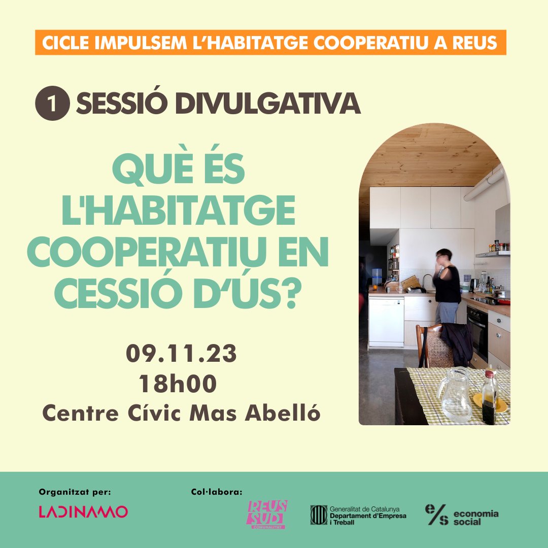 🏠Què és l’habitatge cooperatiu en cessió d’ús?

Cicle de 3 sessions amb l’objectiu d’establir les bases que permetin crear un primer grup de persones interessades en què hi hagi un projecte d’habitatge cooperatiu a Reus.

Incripcions aquí 👇bit.ly/sessió_habitat…
