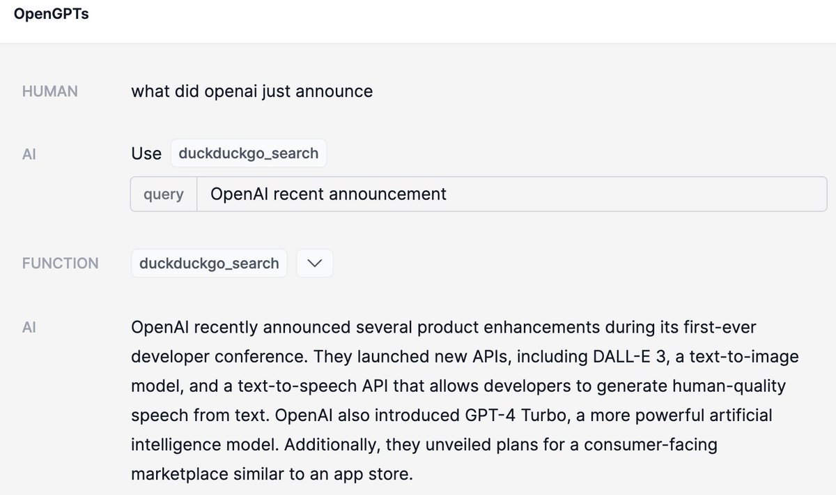 🦜🤖OpenGPTs OpenAI just announced 'GPTs' - chatbots augmented with custom tools and custom instructions that anyone can create We're excited to announce OpenGPTs - a open source GitHub repo enabling similar functionality. This will allow: 🛠️Easier tool definition 🧠Usage of