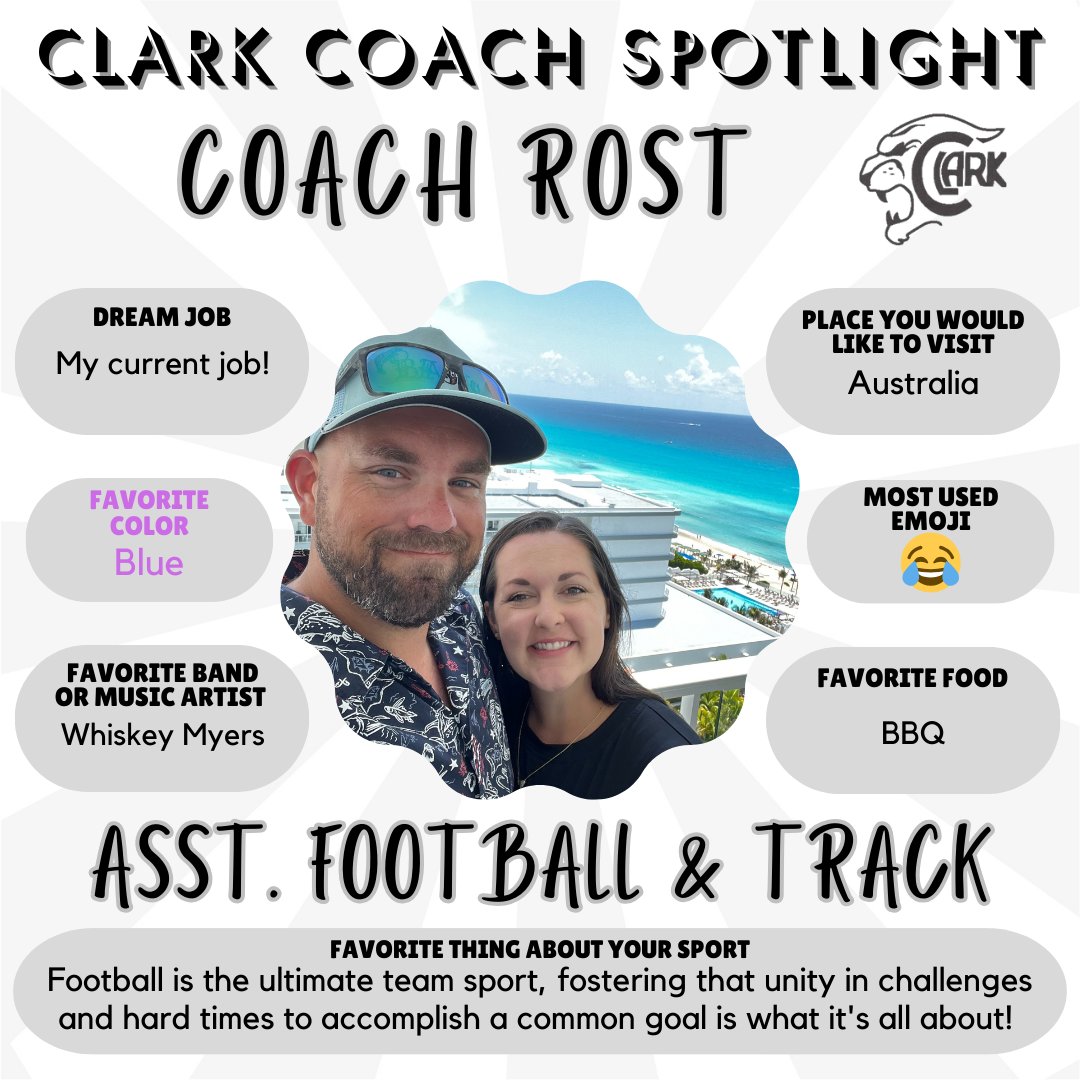 🐾🏈🏃‍♀️ Coach Rost is an Assistant Football and Track Coach. He is also a Social Studies Teacher. This is his first year at Clark!