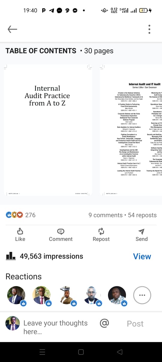 Patrickonsult's tweet photo. STATISTICS OF:

Internal Audit Practice from A - Z 

49,563 Impressions &amp; 276 Likes.

10 referenced material weekly across the globe https://t.co/irYQuVZaPM

Publishers price £130 or $145

Author's price:
Thick Hard Cover - N9,000

Waterproof Paper Cover - N8,000

E-book - N5,000 https://t.co/DurhpYI9Cf