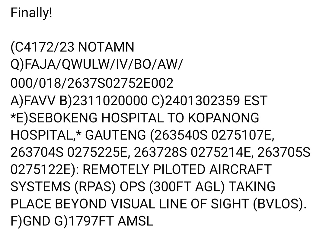 PeterACoetzee's tweet photo. Wasn't sure I read this right. But I did. Congrads to @theSANBS. A drone delivering blood from Sebokeng Hospital to Kopanong hospital today. NOTAM and all! https://t.co/zgH3eURFFj