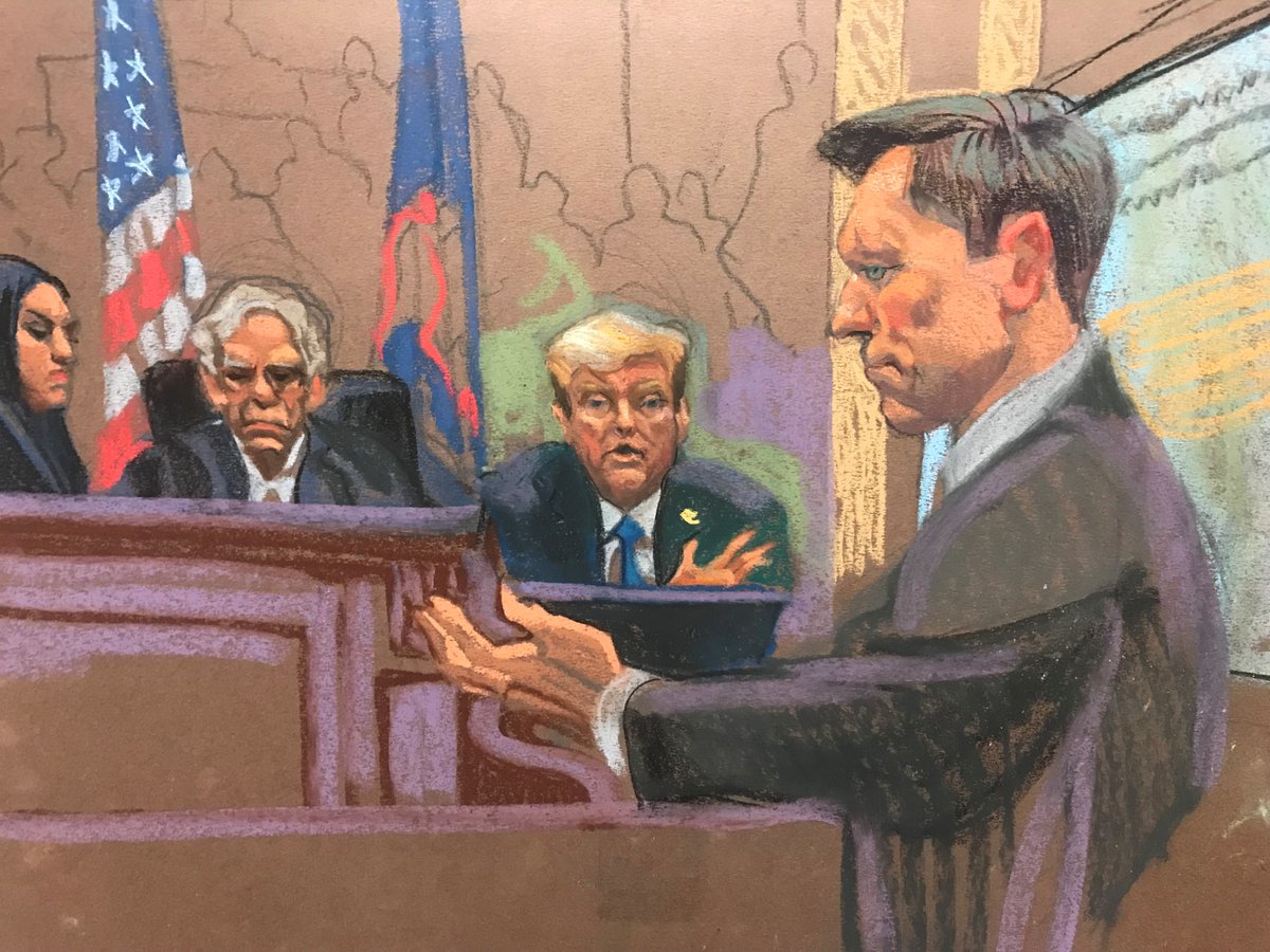 Sketches of Donald Trump testifying in his NY civil fraud trial today. Credit: Christine Cornell