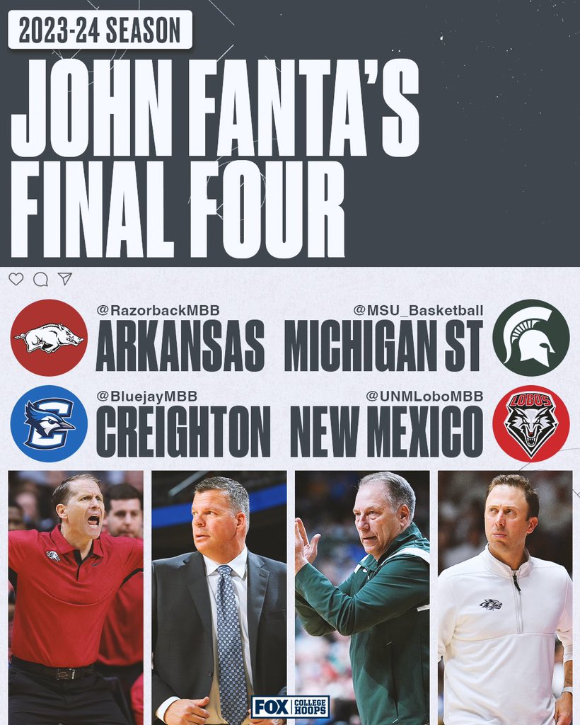 John_Fanta's tweet photo. Last year’s Final Four featured a UConn team that was unranked entering the season, San Diego State, Florida Atlantic and Miami. 

And I don’t think that’s an outlier. Parity is real! With that being said, here’s my Final Four prediction for this year. https://t.co/2OflfuNCbe