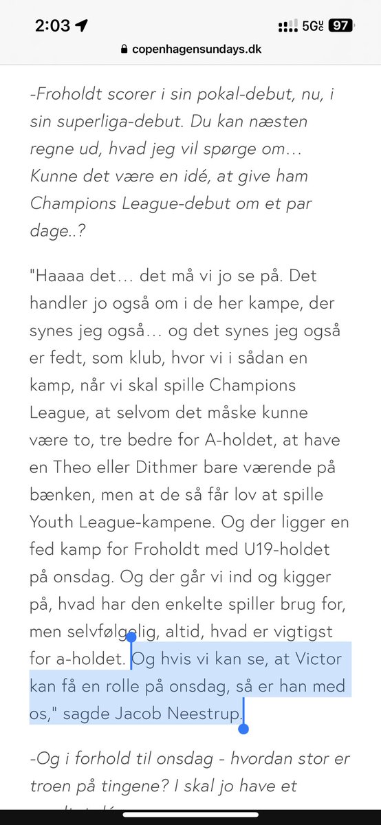 #fcklive Nogen der kan forklare hvorfor Neestrup mener, at Victor Froholdt kan spille på onsdag i CL, når Froholt ikke er en del af FCKs CL trup hos UEFA? (Har FCK lavet en trupændring hos UEFA? Kan ikke forestille mig at Neestrup ikke VED hvem der er med i UEFA-truppen?)