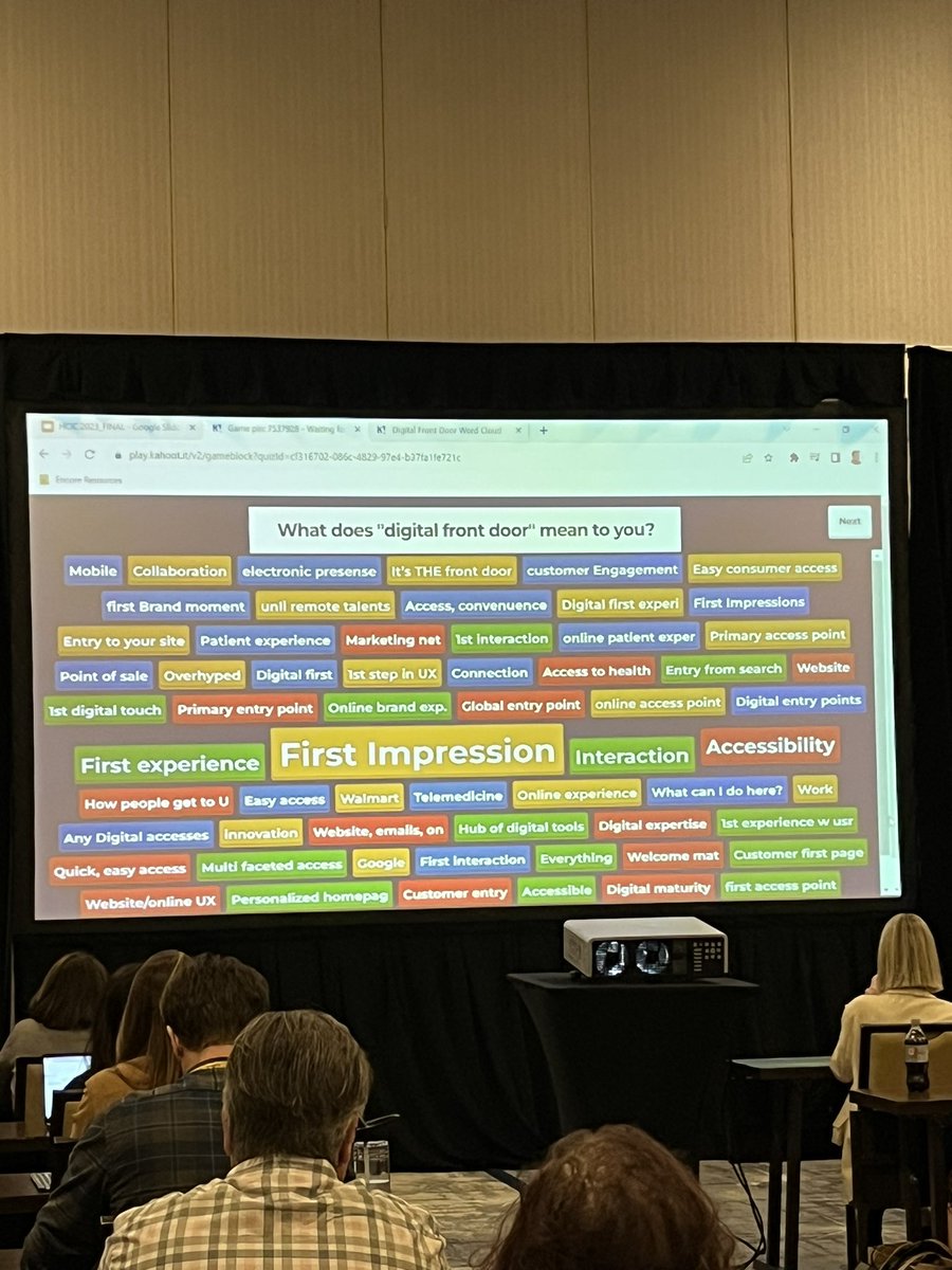 gavinbaker's tweet photo. The audience defines digital front door differently. It’s clear your "digital front door" isn't just a welcome mat. It's where first impressions meet innovation, convenience cozies up to accessibility, and patient experience gets a tech-savvy handshake. #FirstClicksCount #HCIC23 https://t.co/95F0p2jBjh
