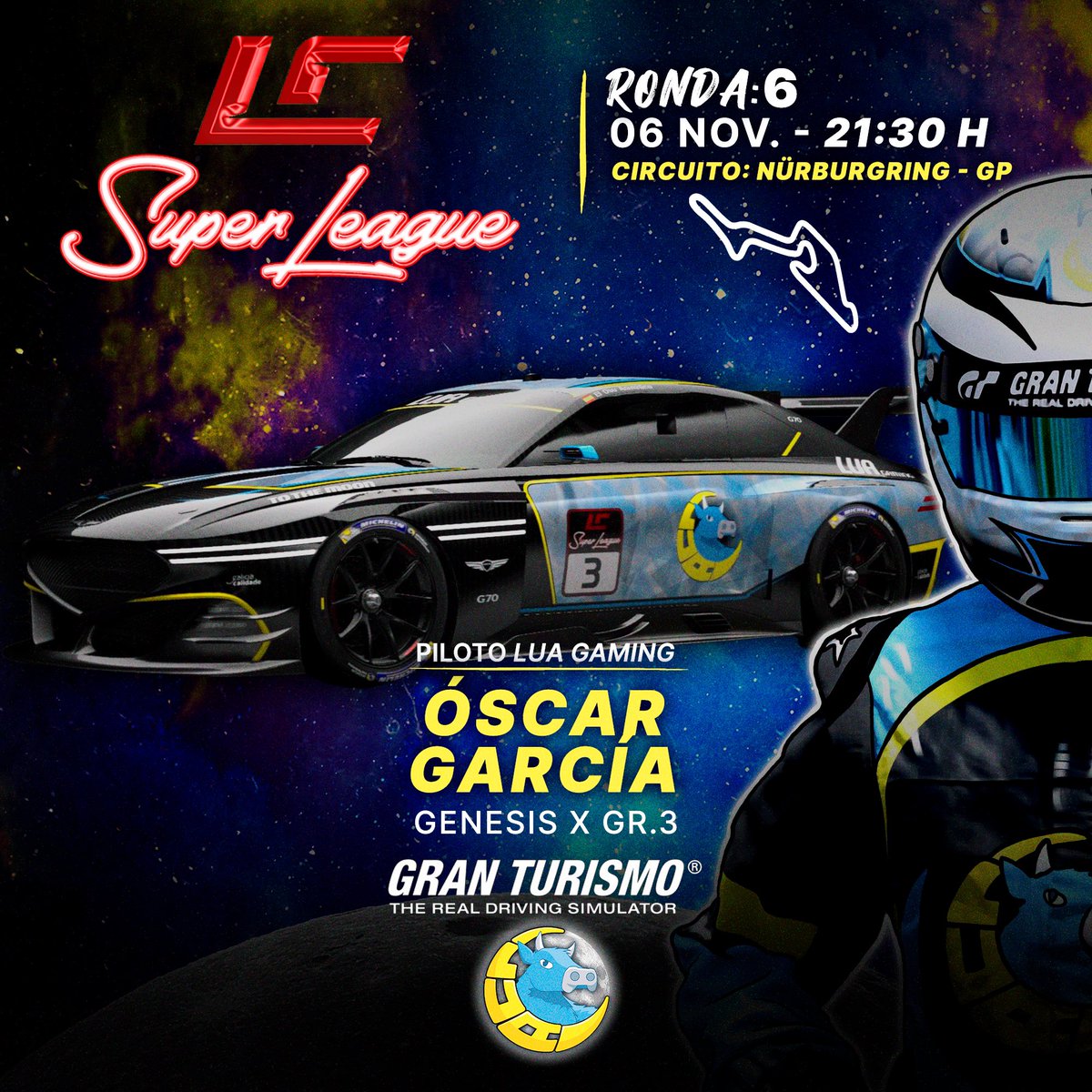LUAGaming_'s tweet image. ¡Ronda 6 de @community_lc ! 🏁

🕢 21:30
🏎️ Genesis X Gr.3
👤 @oscar2005__ 
💻 Twitch.tv/elkalvo_gt

¡Te esperamos! 🐮💙
#ToTheMuun #GranTurismo