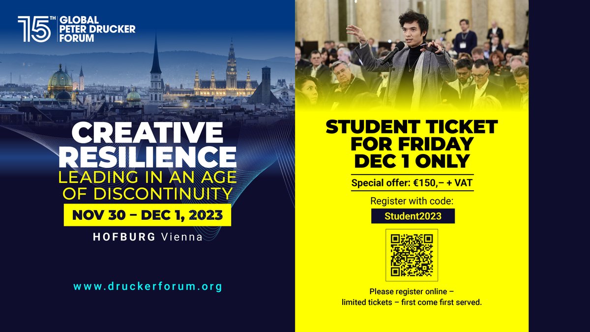 Special student offer up to the age of 27!

Join the Drucker Forum for one day only on Friday Dec 1. 

Student ticket for Friday Dec 1 only
Special offer: €150,– + VAT
Register with code: Student2023

Limited tickets – first come first served 👇🏻
onlineregistrations.eu/events/drucker…

#gpdf