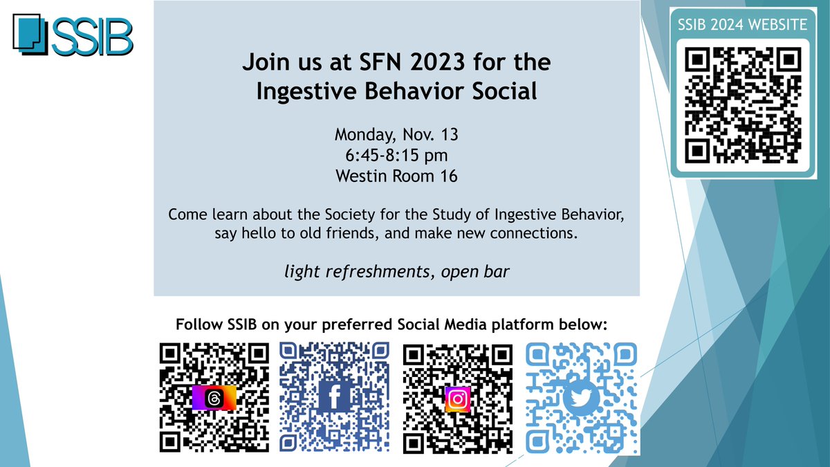 SSIBsociety's tweet photo. Hungry for science and craving new connections?  

Feed your curiosity at SFN 2023 with the Ingestive Behavior Social! 

📅 Nov. 13, 6:45-8:15 pm  
📍 Westin Room 16 

Dive into the science, catch up with friends, and make new connections. 🎉 Don't miss out—see you there! https://t.co/gAH8n4rKd0