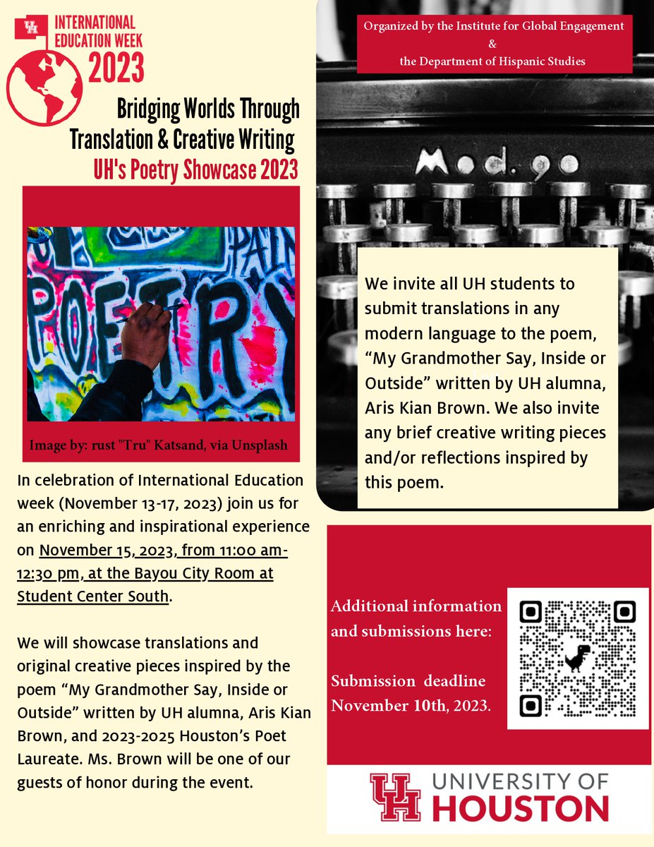 We invite all UH students to submit translations or brief creative pieces inspired by the poem "My Grandmother Say, Inside or Outside,".

November 15, 2023, 11:00 am - 12:30 pm
Located in the Bayou City Room, Student Center South.
<a href="/UHGlobal1/">@UH_Global</a> <a href="/caseyduehackney/">Casey Dué Hackney</a>