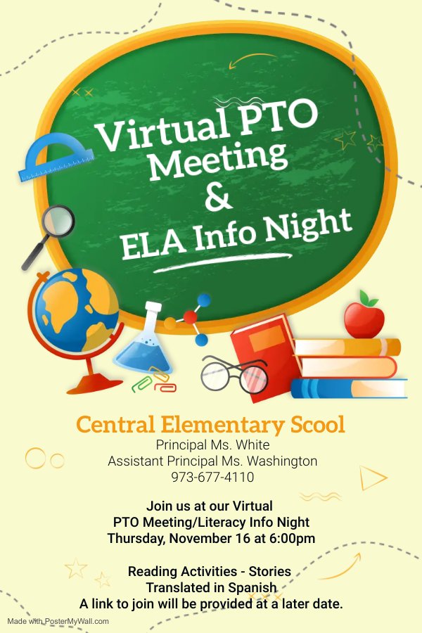 Central Elementary School is hosting a "Virtual PTO Meeting &amp; ELA Info Night" on Thursday, November 16, 2023, starting at 6:00 PM. See the flyer for details. #GoodtoGreat #MovingintoGreatness #OrangeStrong💪🏾