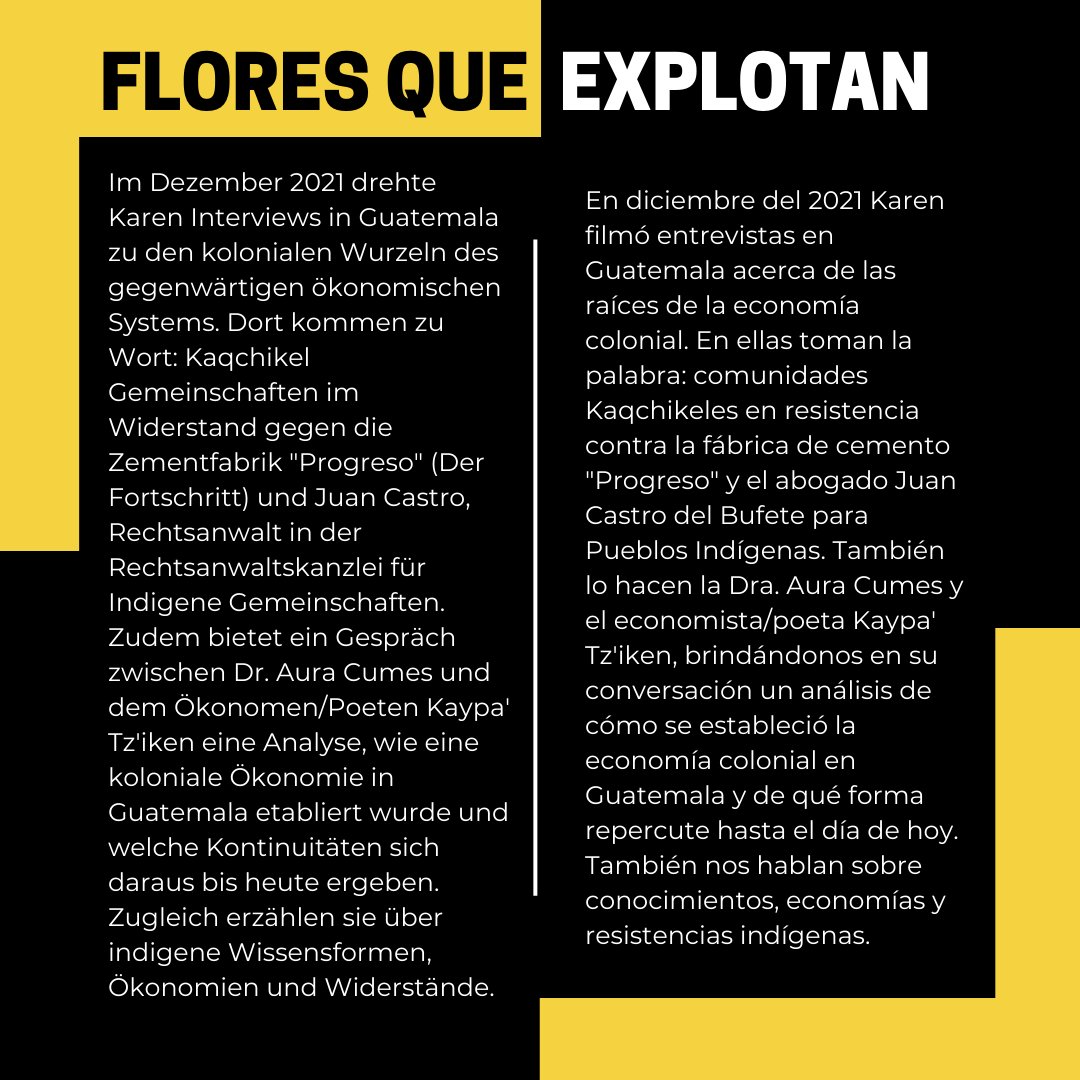 CEMIJW's tweet photo. Proyección del documental “𝐅𝐥𝐨𝐫𝐞𝐬 𝐪𝐮𝐞 𝐞𝐱𝐩𝐥𝐨𝐭𝐚𝐧” (2023, 47 min, OmU).  
"𝘌́𝘴𝘵𝘦 𝘴𝘦 𝘦𝘯𝘧𝘰𝘤𝘢 𝘦𝘯 𝘭𝘢𝘴 𝘳𝘢𝘪́𝘤𝘦𝘴 𝘤𝘰𝘭𝘰𝘯𝘪𝘢𝘭𝘦𝘴 𝘥𝘦 𝘭𝘢 𝘦𝘤𝘰𝘯𝘰𝘮𝘪́𝘢 𝘢𝘤𝘵𝘶𝘢𝘭 𝘦𝘯 𝘎𝘶𝘢𝘵𝘦𝘮𝘢𝘭𝘢 𝘺 𝘈𝘣𝘺𝘢 𝘠𝘢𝘭𝘢 𝘥𝘦𝘴𝘥𝘦 𝘱𝘦𝘳𝘴𝘱𝘦𝘤... https://t.co/mEn6UnGYW6