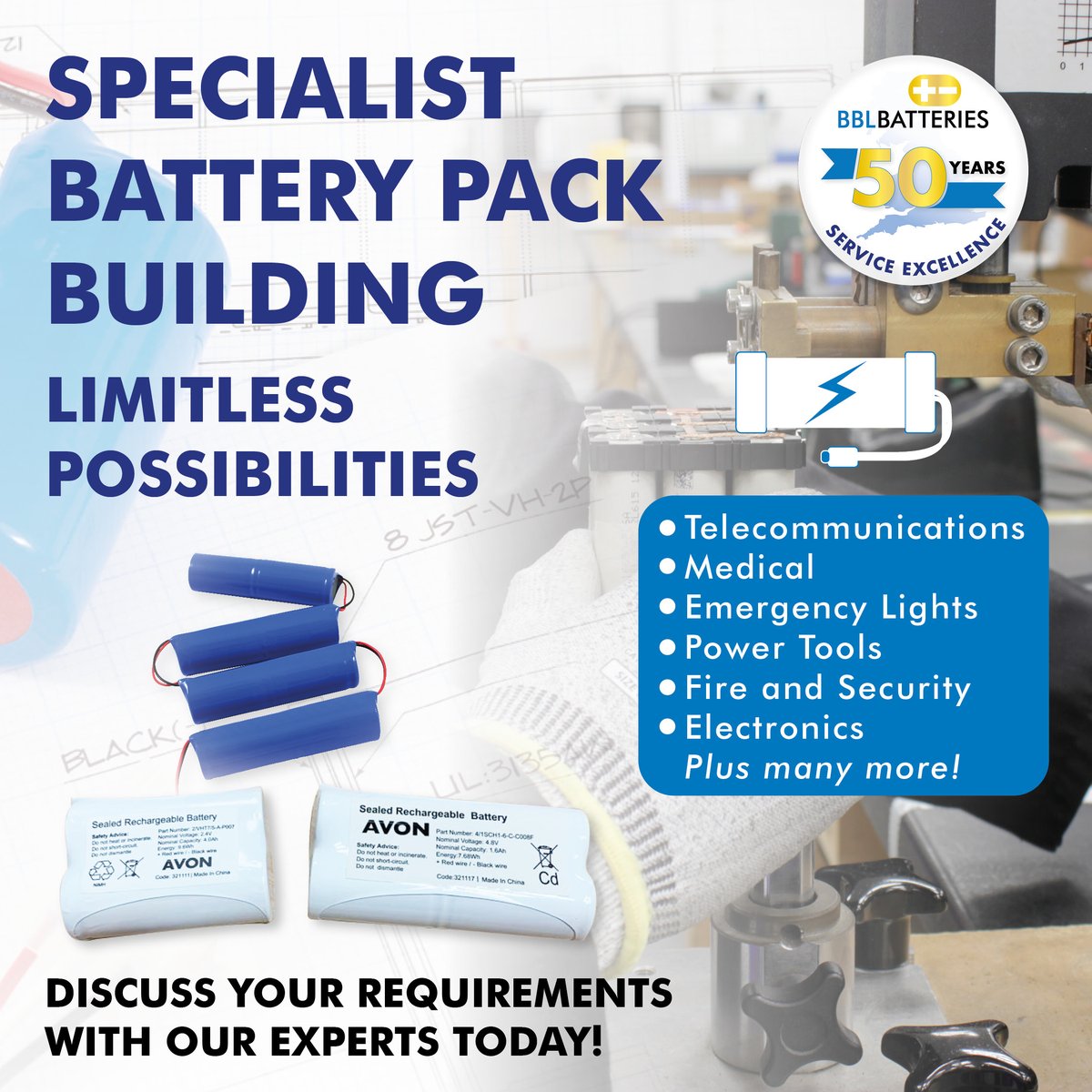 bblbatteries's tweet image. BBL Batteries are widely recognised as the UK’s leading battery pack suppliers. As well as a huge range of popular off-the-shelf packs, we can produce any configuration, any combination, to our customer's exact specifications!
 
#BBLBatteries #BatteryExperts #AVON #BatteryPack
