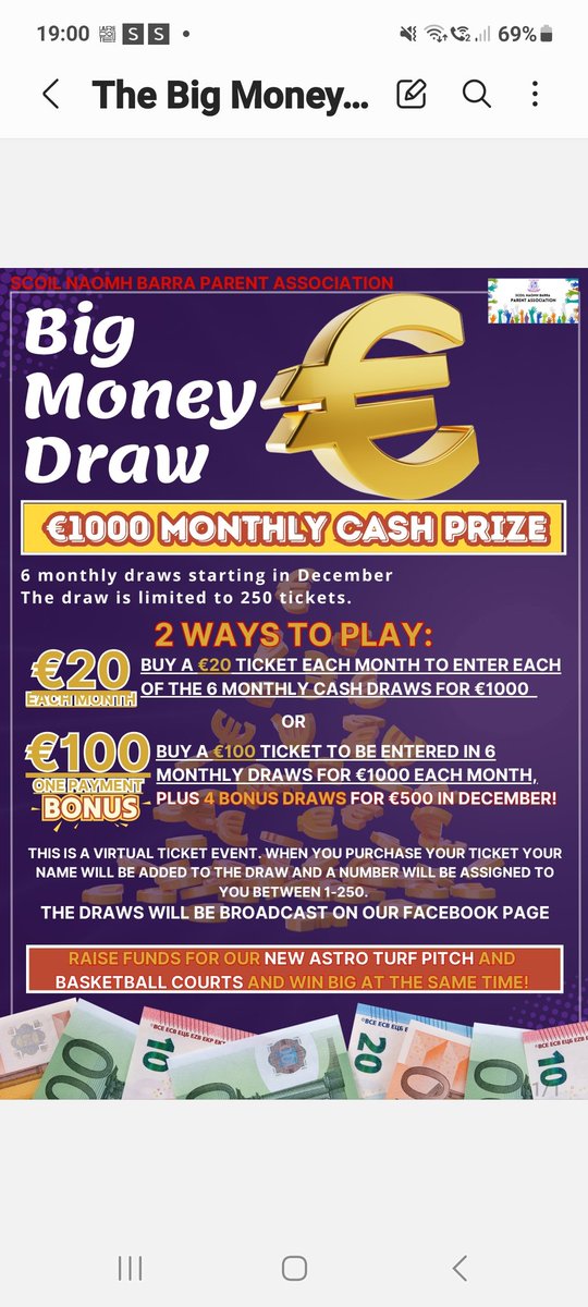 Please support our Big Money Draw.  All proceeds will go towards extending the size of the new Astro Turf Pitch and Basketball Courts.

Please pass this on to relatives and friends.

Thank you.