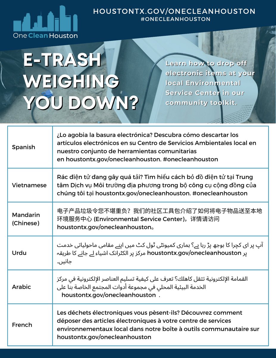 HoustonTX's tweet photo. E-trash weighing you down? Learn how to drop off electronic items at your local Environmental Service Center in our community toolkit at https://t.co/3Gnh4PUS6S. #onecleanhouston https://t.co/gFy0TsnMwr