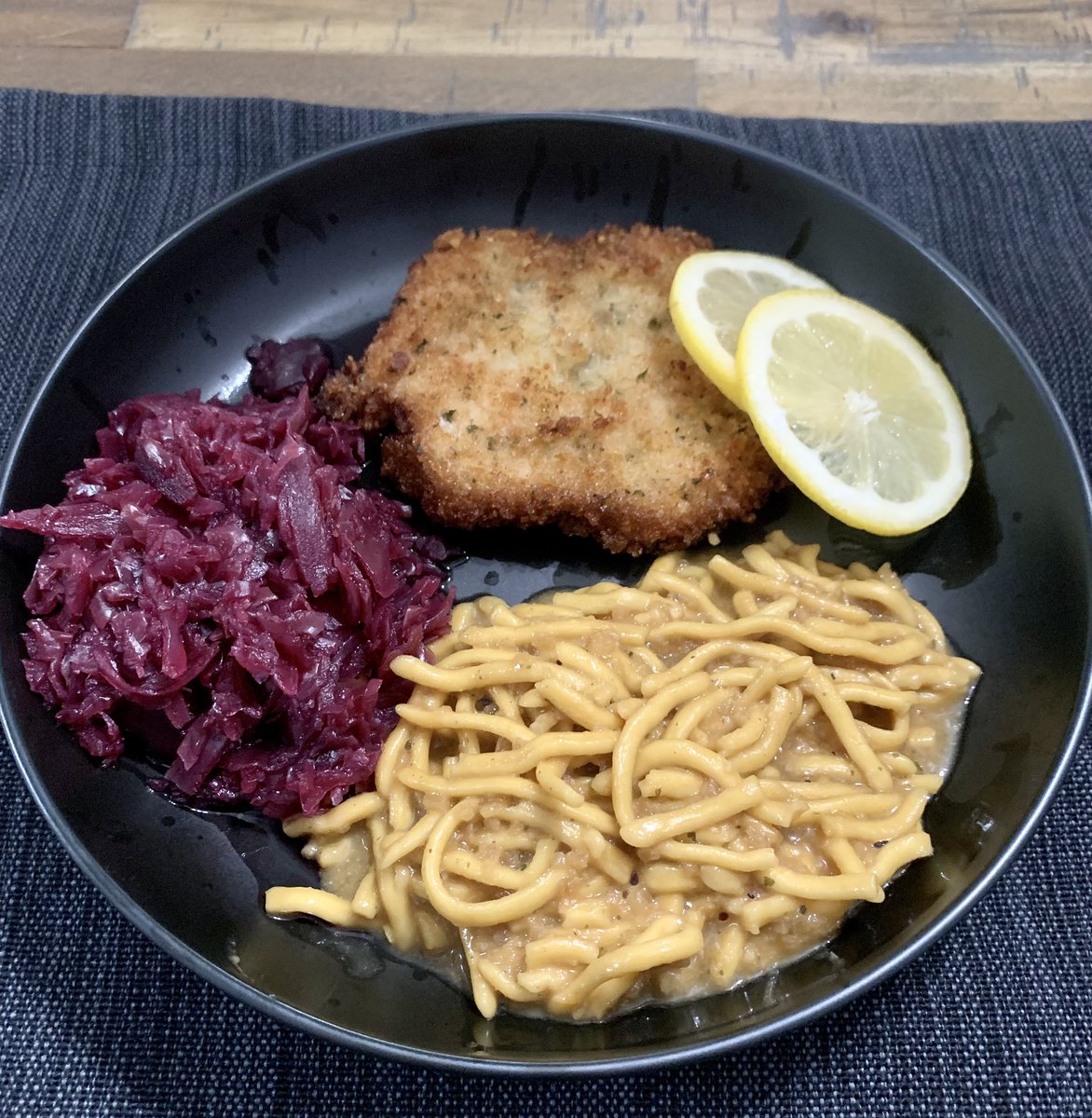 When days don’t always go as planned, #Cooking becomes my zen activity. I’m humbly sharing one of my comfort meals from childhood “Schweineschnitzel with Onion Spätzle and red cabbage”. #germanfood 😊🏴‍☠️