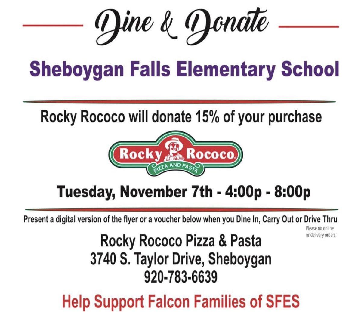 Sheb_Falls_ES's tweet photo. Dine and Donate - Please consider supporting the Sheboygan Falls Elementary School PTO by dining at Rocky Rococo's on the 7th from 4:00 PM to 8:00 PM https://t.co/UBFUI1G4Ka