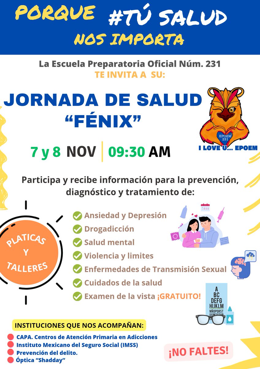 EPO_231's tweet photo. Porque #TúSalud es lo más importante para nosotros, hemos preparado una serie de pláticas y talleres donde hablaremos de diversas temáticas que afectan la vida de nuestros estudiantes, además de ello podrás realizarte el examen de la vista completamente ¡Gratis

#SOMOSEPO231 https://t.co/lrbWIGwefy