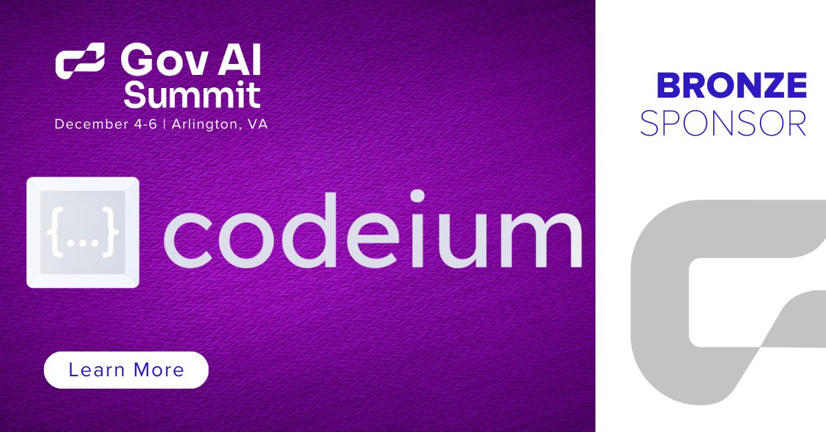 govaisummit's tweet photo. Sponsor alert: @codeiumdev is a Bronze Sponsor at GovAI Summit.
Codeium offers best in class AI code completion, search, and chat. Learn more; visit them at #GovAI23.
Get your ticket: https://t.co/eOgXwFfiDz
#GenerativeAI #ResponsibleAI #PublicSector #AIEthics #GenAI #LLM https://t.co/zCAMCXZXKY