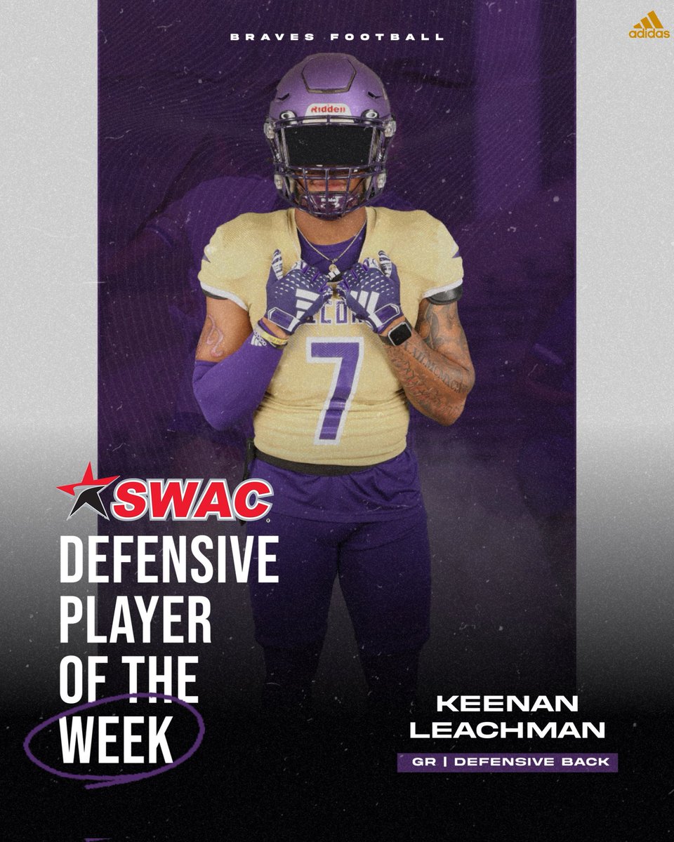 BRAVESSPORTS's tweet photo. Congratulations to Keenan Leachman on being named @theswac Football Defensive Player of the Week!!

#FearTheBrave #SWACFB https://t.co/Q5Jd3c7yqS