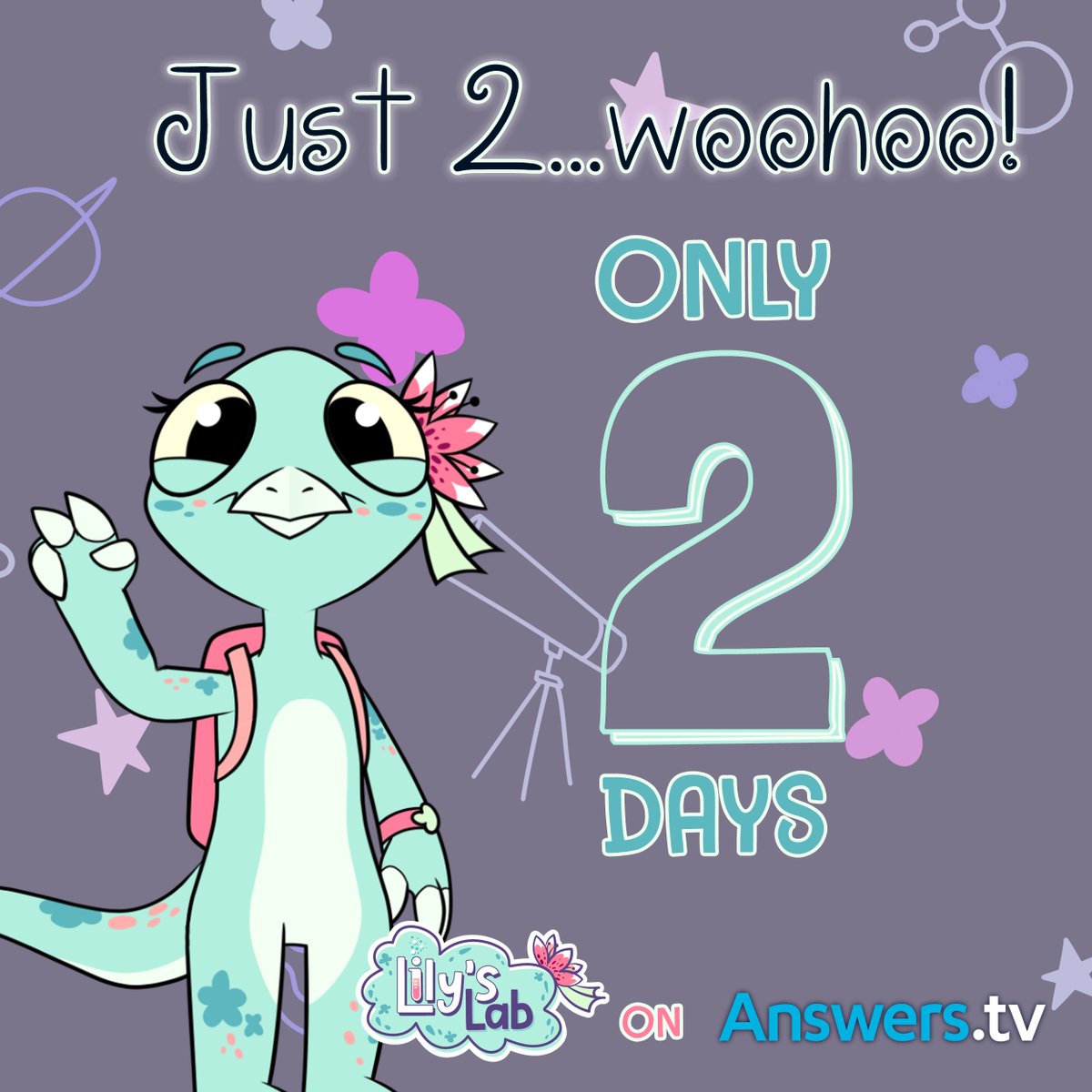 BrainyPixel's tweet photo. Just 2...woohoo!; only 2 more days until #LilysLab premieres!

Subscribe to #AnswersTV &amp; meet Lily, the truth-loving dinosaur, as she answers kids' questions about creation, evolution, science, &amp; the Bible. https://t.co/5pq5uHNOLM #pleaseShare #SupportChristianCreatives
@AiG https://t.co/yVYdB52CNy