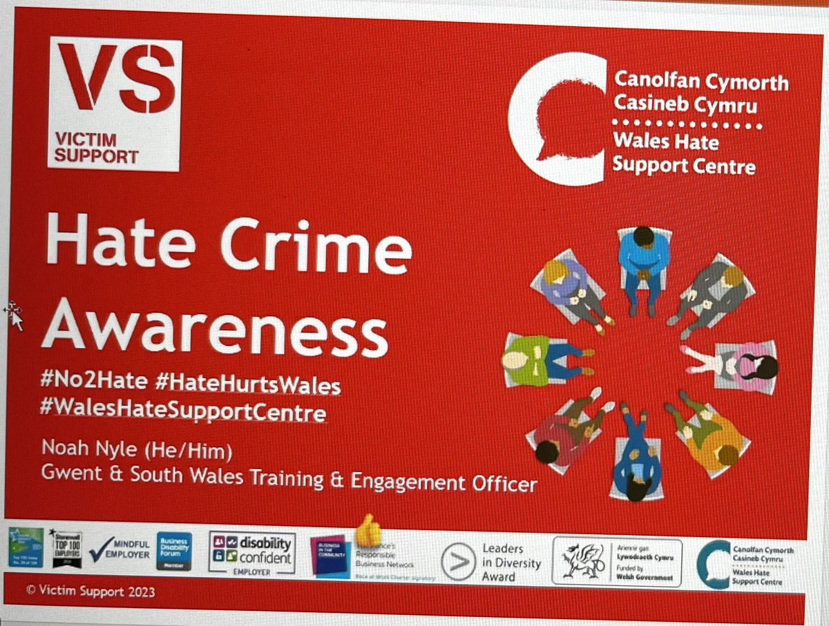 Thanks Noah for the very informative Hate Crime Awareness Training this evening. 

For free confidential & independent support to help you move beyond the impact of crime please visit 👉victimsupport.org.uk

#No2Hate #HateHurtsWales #VictimSupport #WalesHateSupportCentre #CCBC