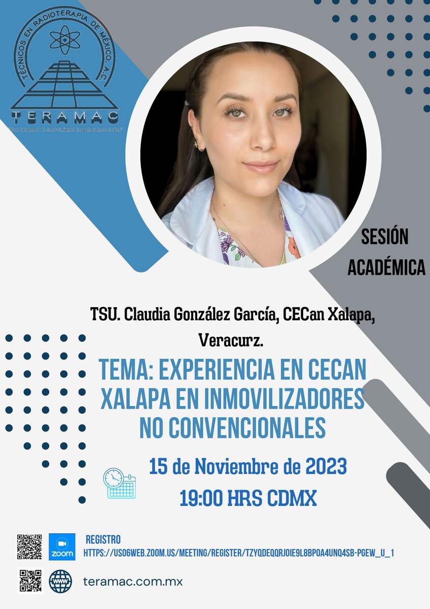 somera_mx's tweet photo. Miércoles 15 de noviembre 2023.
SESIÓN ACADÉMICA #TERAMAC
⚛TEMA:
Experiencia en CECAN Xalapa en Inmovilizadores No Convencionales.
🌐Enlace de registro:
https://t.co/hJV8oKGwJY
#Teramac #SOMERA #Rt #Radioterapia #Salud #SociosSOMERA https://t.co/6TexgDq04r