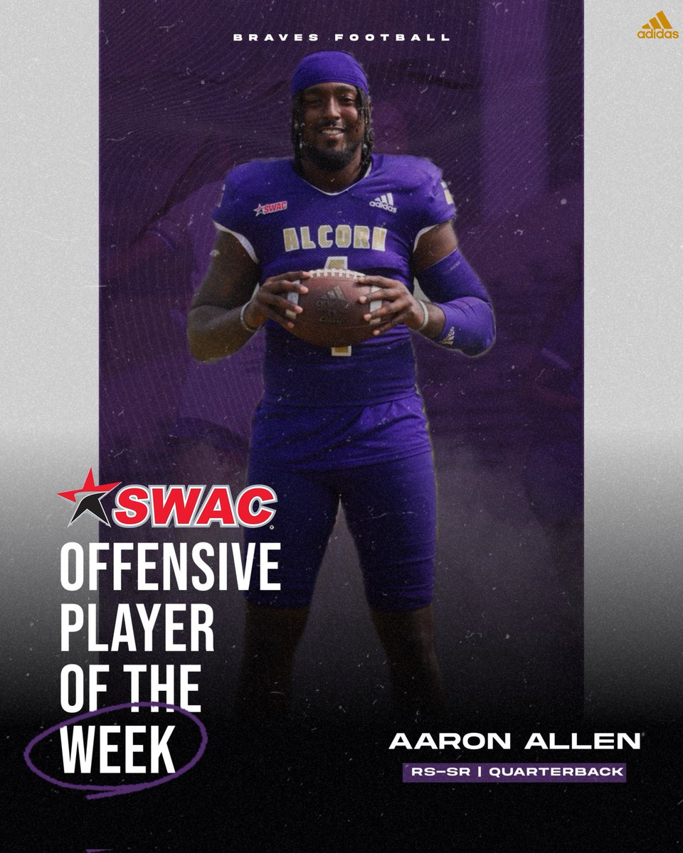 BRAVESSPORTS's tweet photo. Congratulations to Aaron Allen on being named @theswac Football Offensive Player of the Week!!

#FearTheBrave #SWACFB https://t.co/PxFlzuv0ne