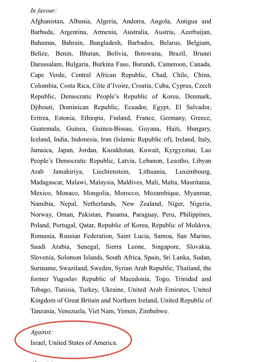 25 years ago today, a draft resolution on the right of Palestinians to self-determination was introduced to the UN Third Committee. Ten days later, it was adopted by a 146-2 vote. Guess which 2 countries voted against.

The real international community wants Palestine to be free.