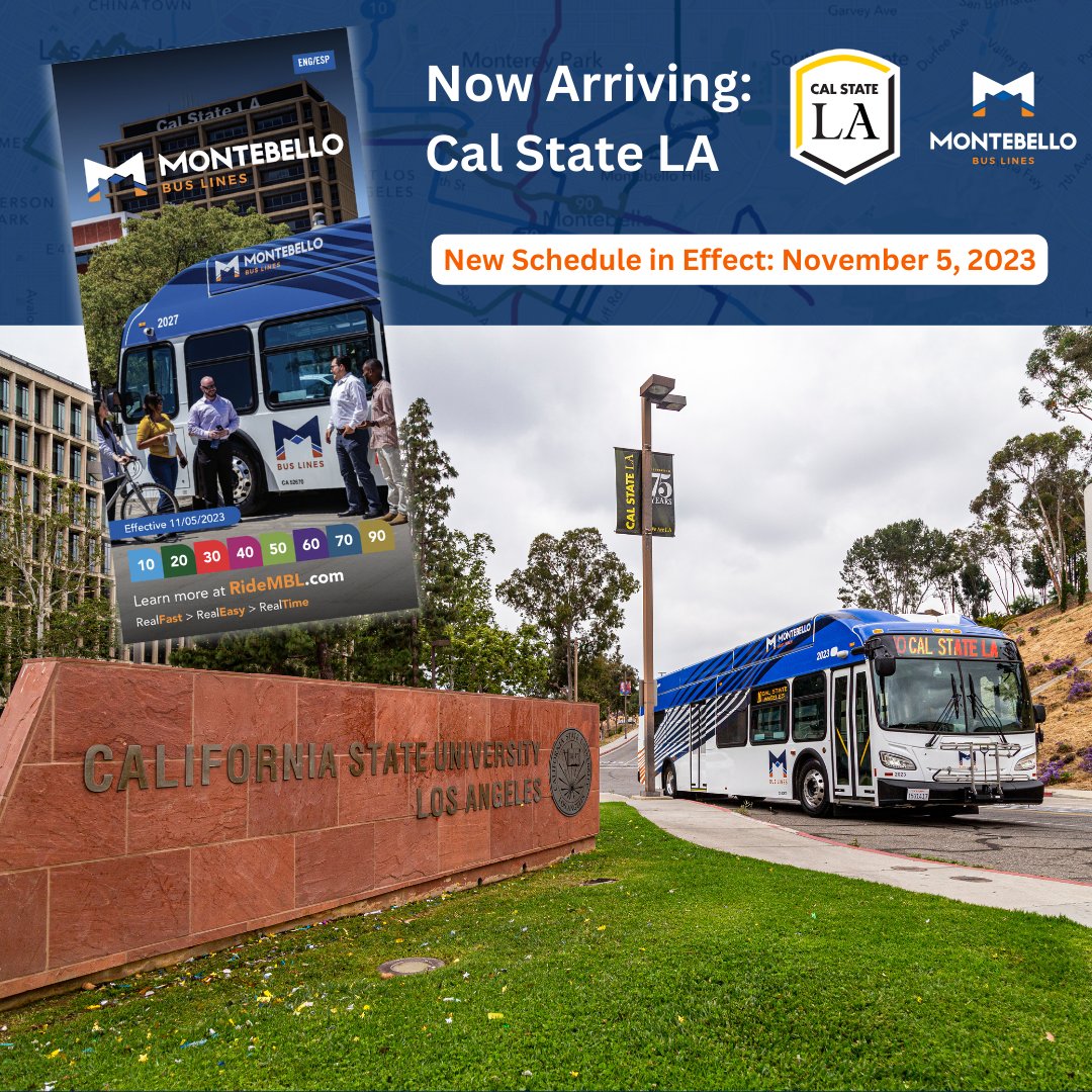 MontebelloBus's tweet photo. We're excited to announce our latest schedule is now in effect with new service to @CalStateLA! 

Hop aboard Line 10 to check out the beautiful campus or check out our new service updates on one of our other lines. 

View the new scheudle at: https://t.co/trUKvMg7Gc https://t.co/Ukj7wxIDsq