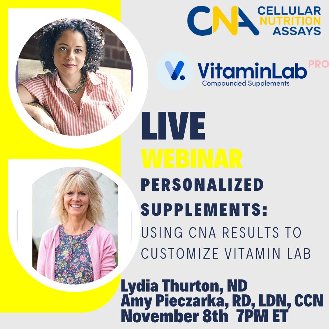 CellScienceSys's tweet image. Register Today!💡#LIVEWebinar: &apos;The Power of Personalization: Using your CNA Results to Create Custom Supplements w/ VitaminLab&apos;.

Nov. 8, 2023 at 7:00 PM ET w/ Dr. Lydia Thurton, ND &amp;amp; Amy Pieczarka RD, LDN, CCN, IFNCP, CDCES! Recording available. 📽
lnkd.in/ejVi9wjx