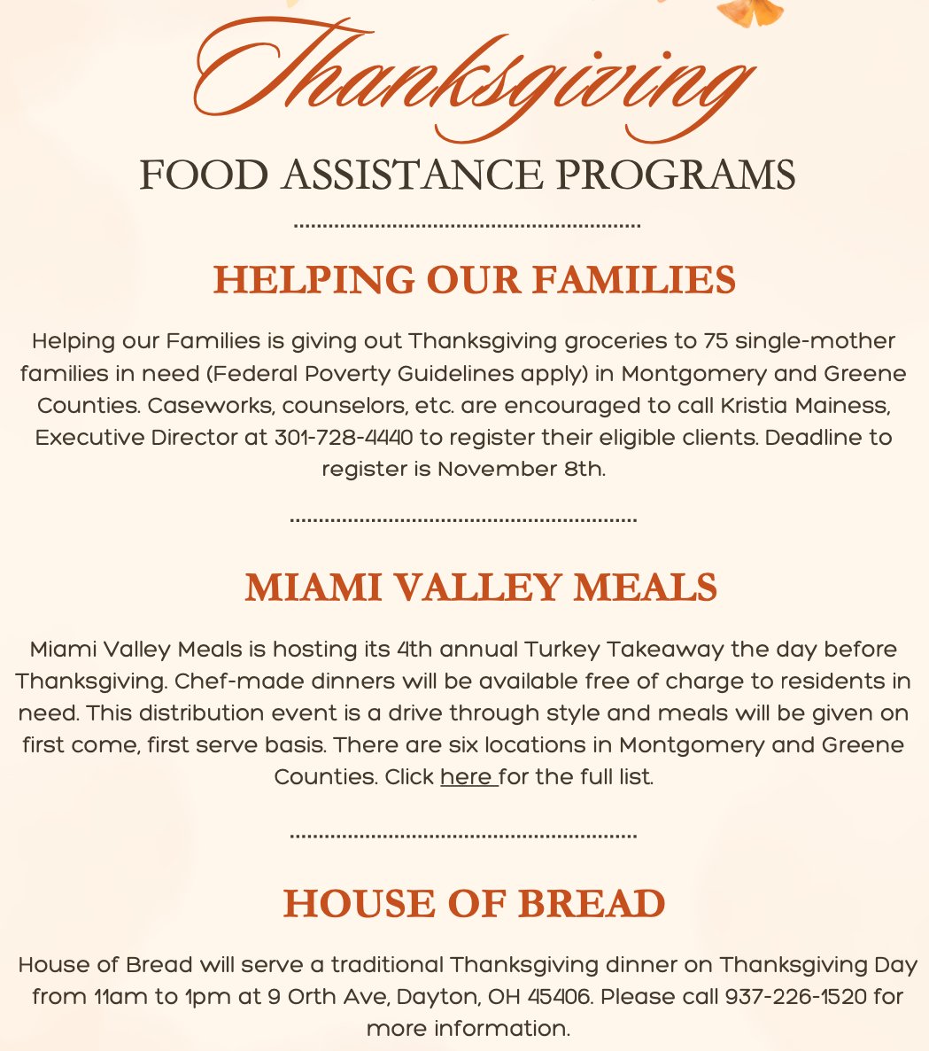 See the attached for local Thanksgiving assistance programs