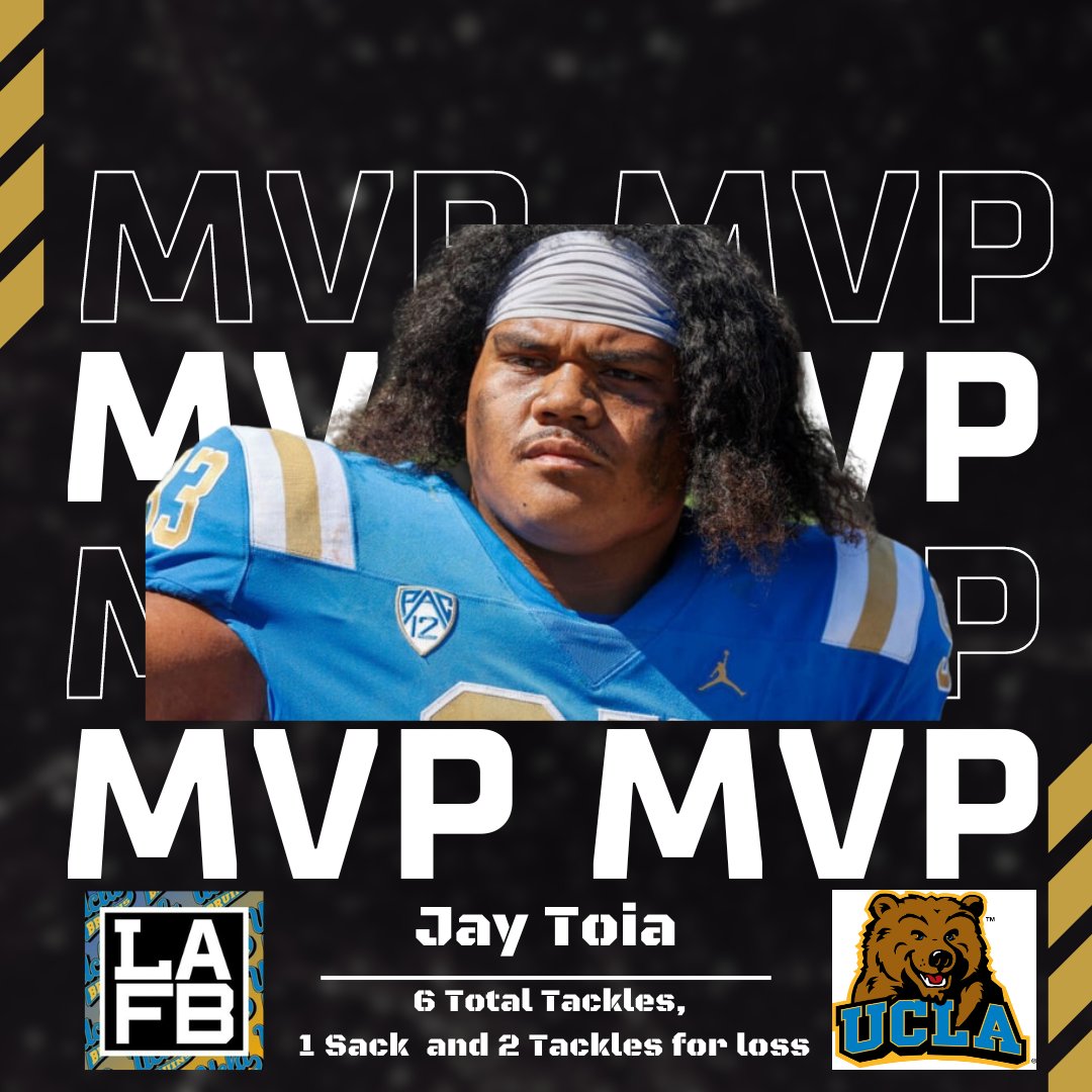 UCLA_LAFB's tweet photo. Jay Toia is our MVP! 💪🏈 
Despite a tough loss to Arizona last Saturday, he delivered a standout performance with 6 total tackles, 1 sack, and 2 tackles for loss. UCLA faces Arizona State on November 11th at 6pm PDT. Let's Go Bruins! 🐻💙💛 #GoBruins #JayToia #lafb #UCLABruins https://t.co/AZo2ffkYF1