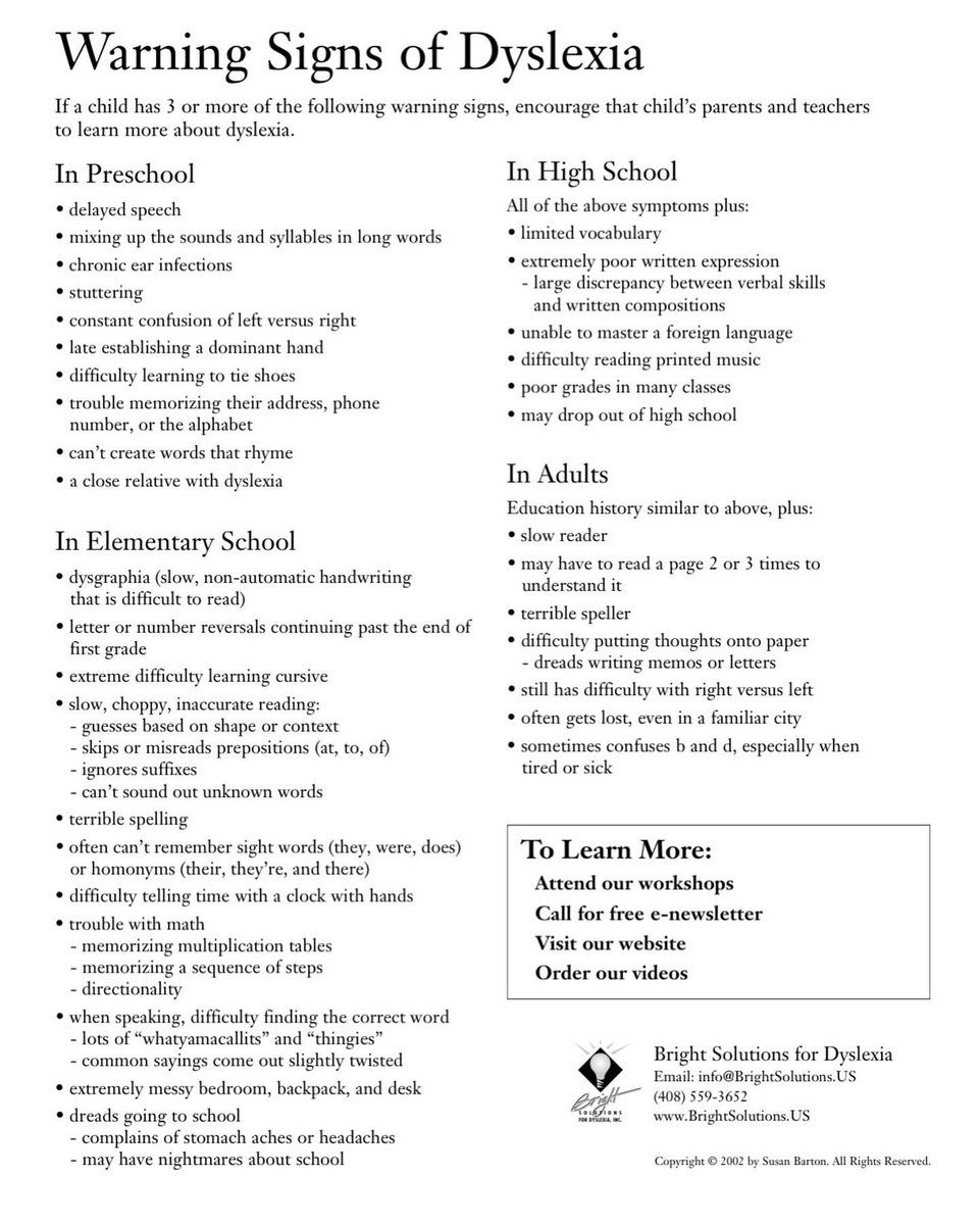 RosedaleReaders's tweet photo. Warning Signs of Dyslexia 
Visit our website to learn more: https://t.co/738E6p7LeV

#dyslexia #dyslexiasupport https://t.co/EctAmlJ8da