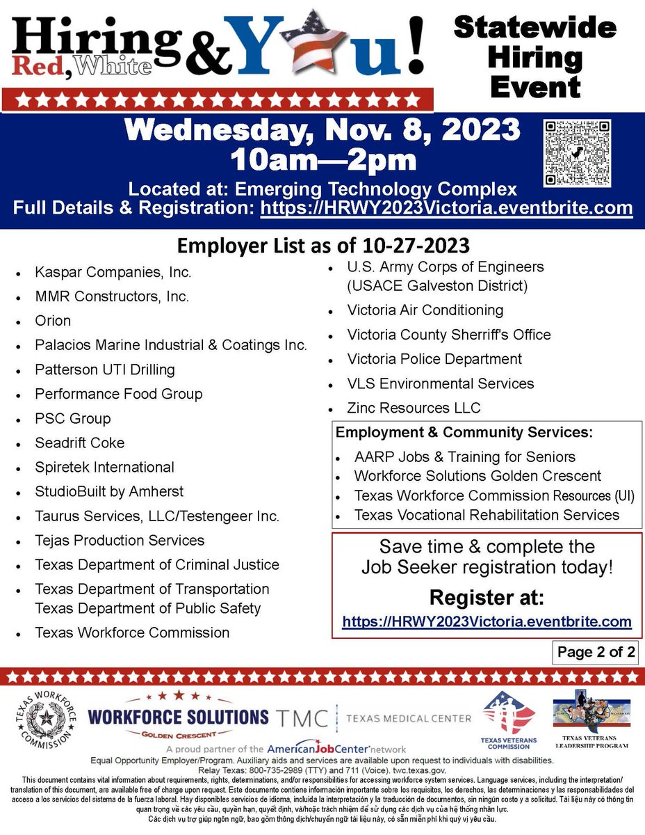 We are excited to be a part of the Workforce Solutions Golden Crescent's statewide hiring event THIS Wednesday!  We will be at the VC ETC from 10-2.  Stop by the VPD table to see how to get your career started with our amazing department.  
We’d love to have you join our team!
