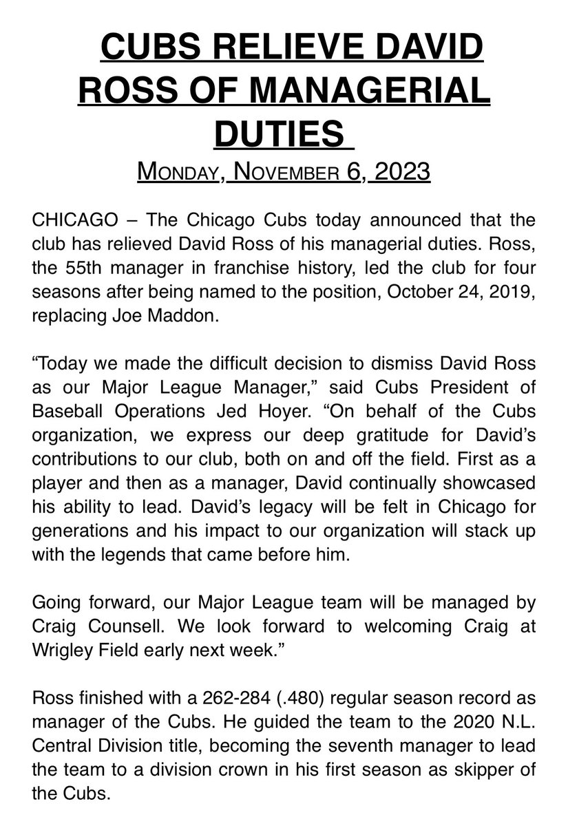 The Cubs officially announce the firing of David Ross and the hiring of Craig Counsell