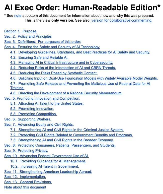 davidevanharris's tweet photo. Did you attempt last week to actually read the @whitehouse's AI Executive Order? Well, my students and I did, and it was tough, in part just due to formatting. So here's our gift to you! The AI Exec Order: Human-Readable Edition. #AI #JoeBiden #AIEO https://t.co/WA29QGAsLy https://t.co/Syo7wkUwIu