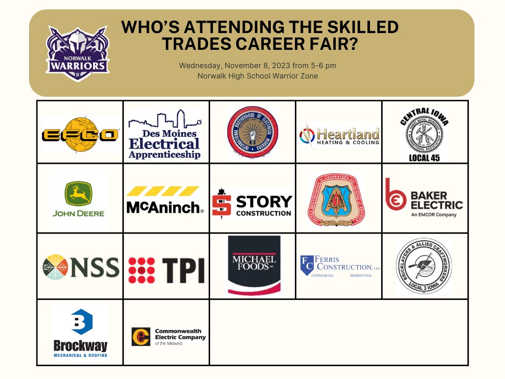 NorwalkCCL's tweet photo. Come explore a variety of skilled trade fields and visit with local businesses and unions about opportunities including apprenticeships. We strongly encourage Norwalk High School parents to attend with their student. https://t.co/r1OtGNGS5D