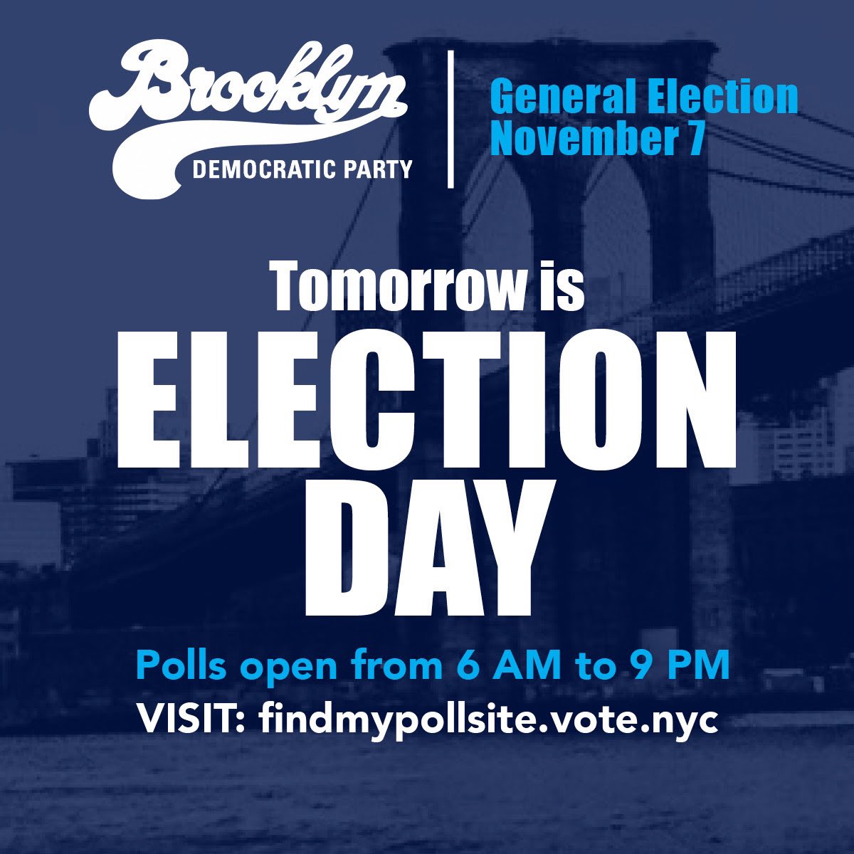 #ElectionDay is tomorrow &amp; the polls are open from 6am-9pm!

🗳️See our voting guide➡️ conta.cc/3G5zK1T
📍Find your poll site➡️ findmypollsite.vote.nyc 

"Every #vote matters—<a href="/bkdems/">Kings County Democratic County Committee</a> urge you to make your choice count to keep #Brooklyn Blue," says Party Chair <a href="/AMBichotte/">Rodneyse Bichotte Hermelyn</a>.