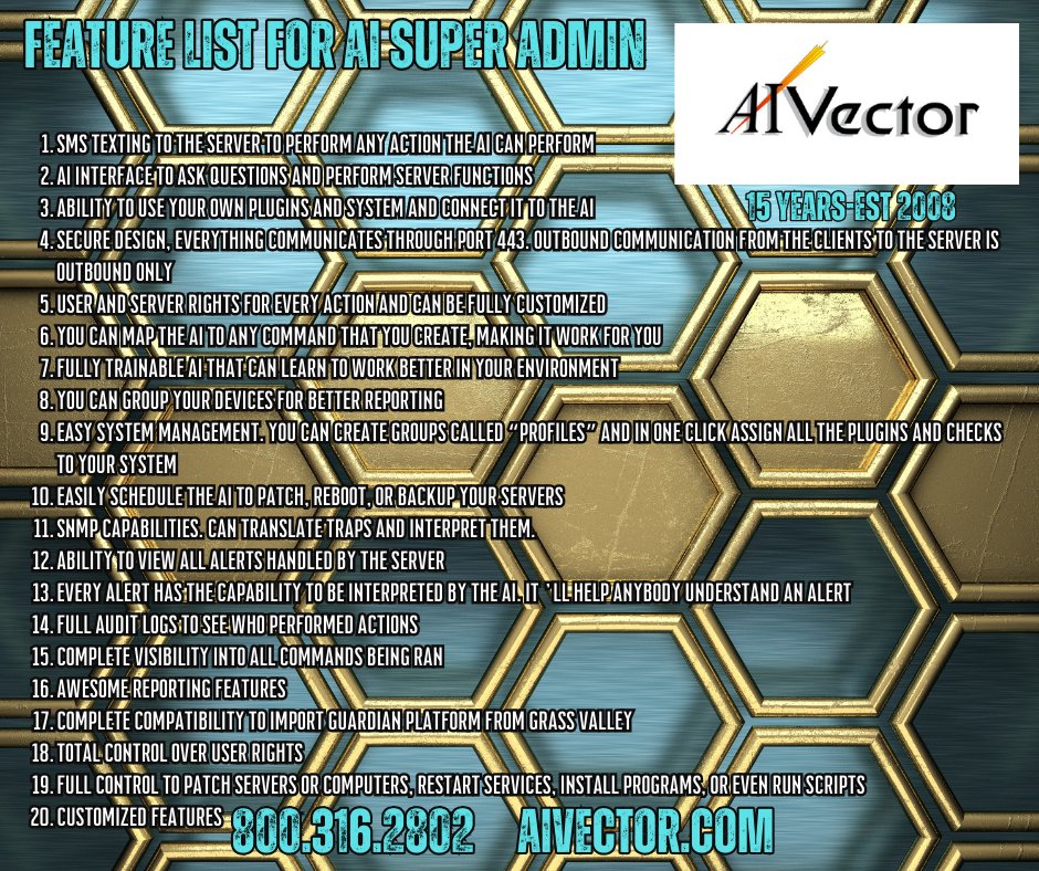 aivector1's tweet photo. Feature List for AI Super Admin
800.316.2802 https://t.co/Zrq37kNv2h
#aivector #aisuperadmin #ai #artificialintelligence #aibusiness #systemadmin #systemadministrator #sysadmin #aisystemadministrator #dataupdates #serverupdates #computerupdates #aitechnology #aicompany #aibot https://t.co/idWjrZWFl9