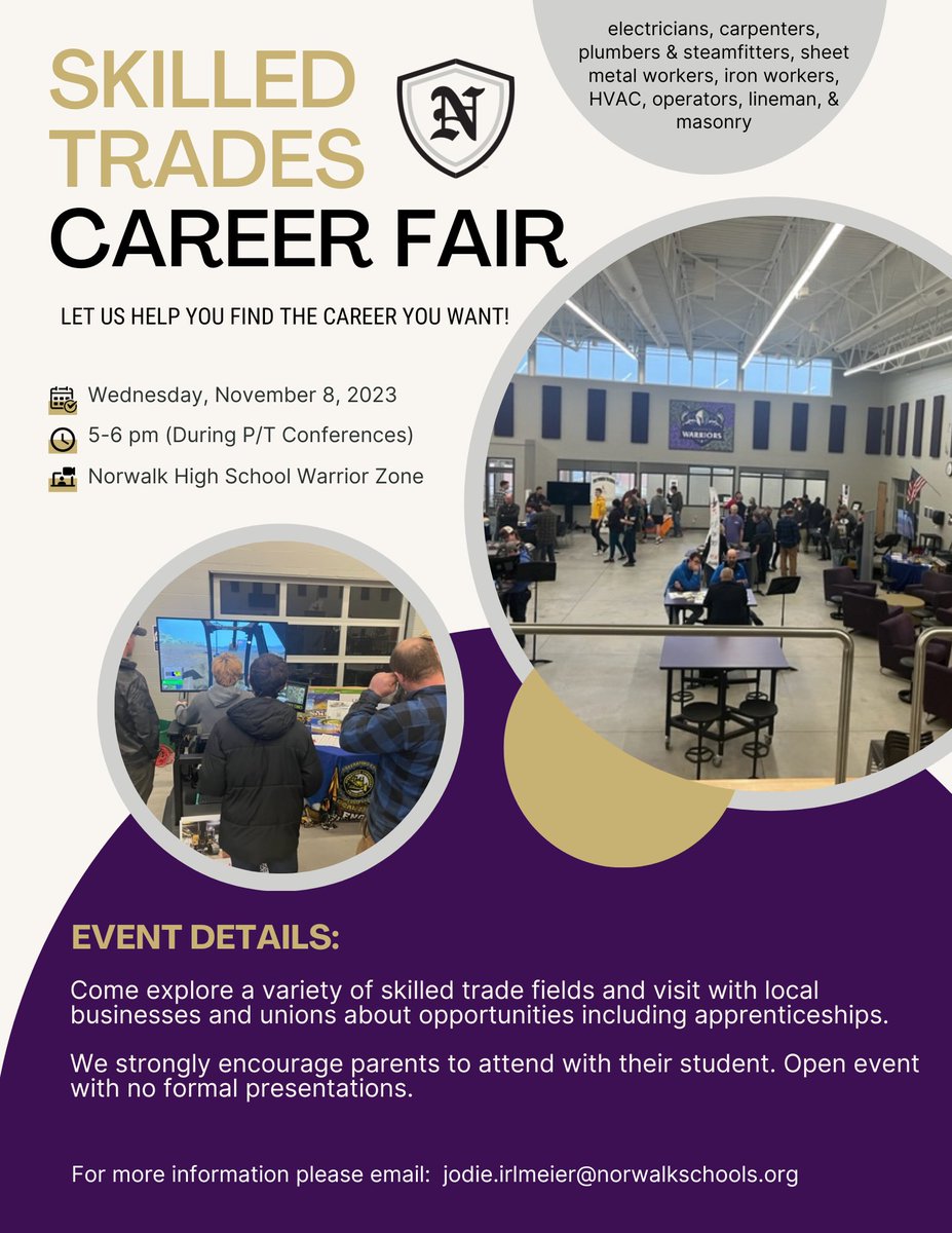 NorwalkCCL's tweet photo. Come explore a variety of skilled trade fields and visit with local businesses and unions about opportunities including apprenticeships. We strongly encourage Norwalk High School parents to attend with their student. https://t.co/r1OtGNGS5D