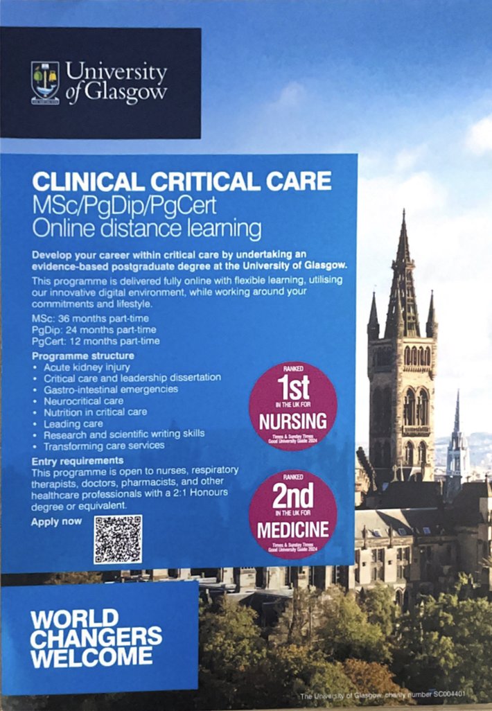 UofGCritCareMSc's tweet photo. Do you have experience in Critical Care? Do you have the desire to expand your knowledge? Then consider taking on the challenge of the Online MSc Clinical Critical Care where you will be supported through your learning by a range of experts @MoAlHaddad2 @ProfMalcolmSim @qeuhccm https://t.co/kLE5EzOEuI