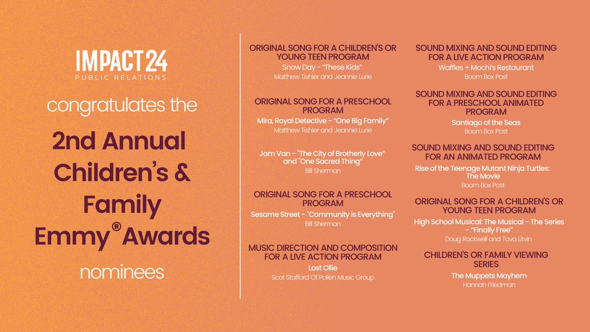 Impact24PR's tweet photo. Congratulations to our talented clients on their Childrenโs & Family Emmyยฎ Awards nominations!
* #SnowDay and #MiraRoyalDetective - @matthewtishler and Jeannie Lurie
* #JamVan and #SesameStreet - @bsherman2222
* #LostOllie - @mrscotstafford Of Pollen Music Group (1/2) https://t.co/eNQzq7s5Uv