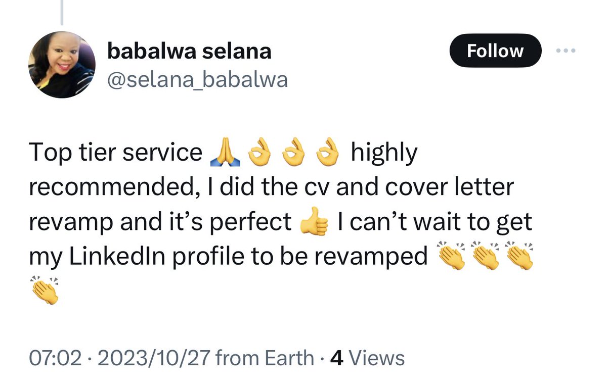 dramadelinquent's tweet photo. As the year starts to slow down, ensure your CV and other career branding documents are ready for the new year. 

We close on the 14 December so don’t leave it too late!

CV R100 - R200
LinkedIn R550
Advanced LinkedIn R700
Exec resume R550
Cover letter R100
Interview prep R350

We also offer CV and Linkedin packages:
R600 CV and standard LinkedIn
R750 CV and advanced LinkedIn

Email natasha@eloquentrecruitment.co.za