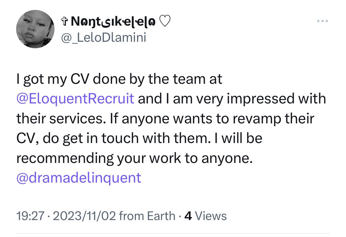 dramadelinquent's tweet photo. As the year starts to slow down, ensure your CV and other career branding documents are ready for the new year. 

We close on the 14 December so don’t leave it too late!

CV R100 - R200
LinkedIn R550
Advanced LinkedIn R700
Exec resume R550
Cover letter R100
Interview prep R350

We also offer CV and Linkedin packages:
R600 CV and standard LinkedIn
R750 CV and advanced LinkedIn

Email natasha@eloquentrecruitment.co.za