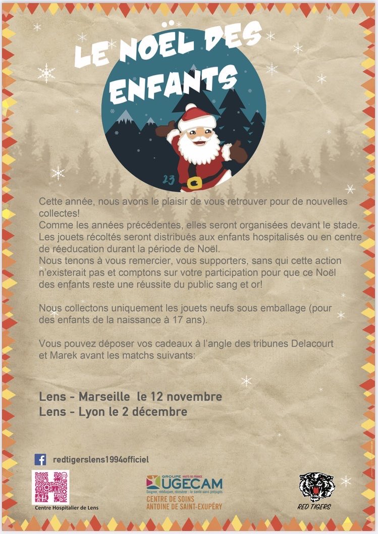 18e Édition du noël des enfants et cela commence dès Dimanche !!
On compte sur vous pour que cette opération soit à nouveau un succès  !! 🎅🏥   <a href="/RCLens/">Racing Club de Lens</a> #RCLens #rclom