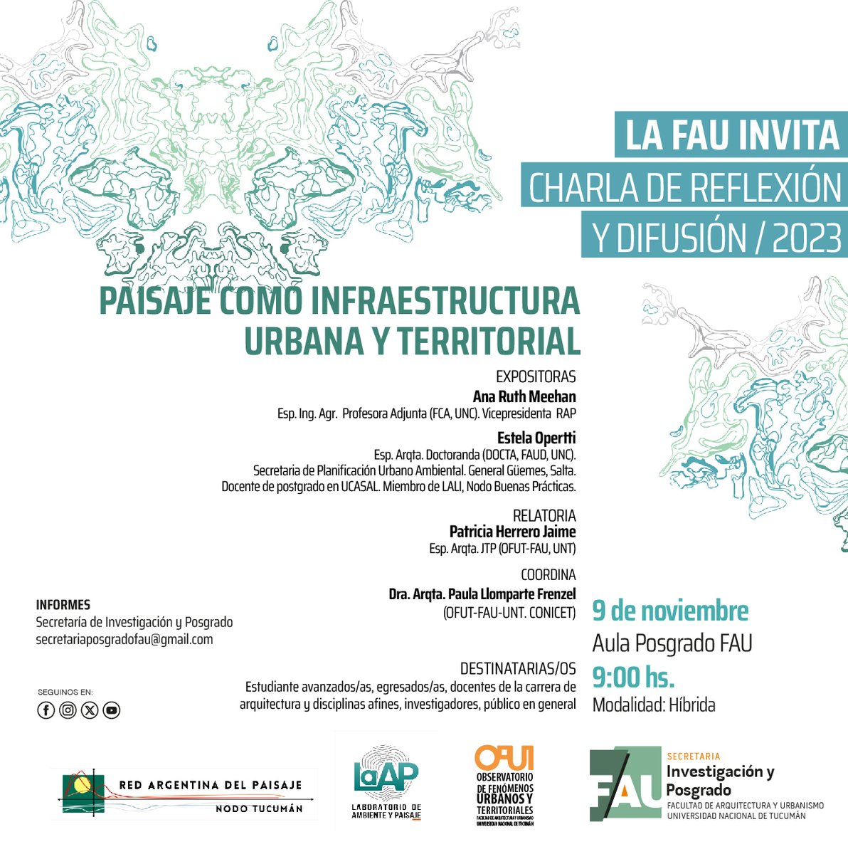 Jueves 9 de noviembre, a las 9 hs. Aula de Posgrado Facultad de Arquitectura y Urbanismo.
Modalidad: híbrida, Actividad abierta y gratuita. Se entregarán certificados de asistencia.
Formulario de inscripción:
forms.gle/DcUiShKw3X1MVq…